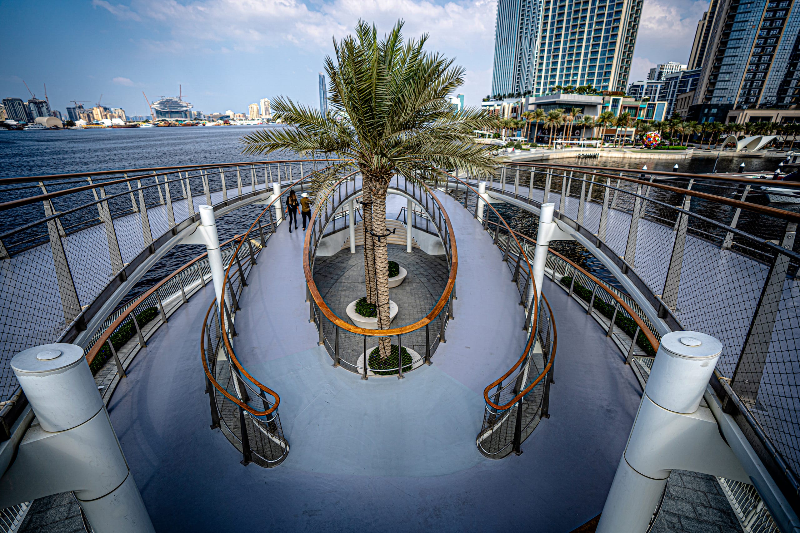 High-angle exterior view of a curving pedestrian bridge with curved wooden handrails wrapping around palm trees in planters, overlooking a waterfront with distant skyscrapers under a partly cloudy sky.
