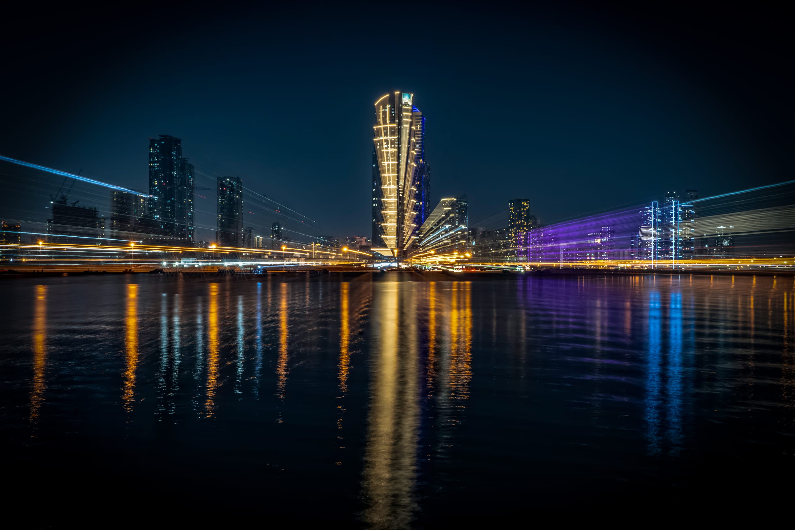 Dubai Street Lights Cars Road, a fine-art photograph by Ali Abu Ras