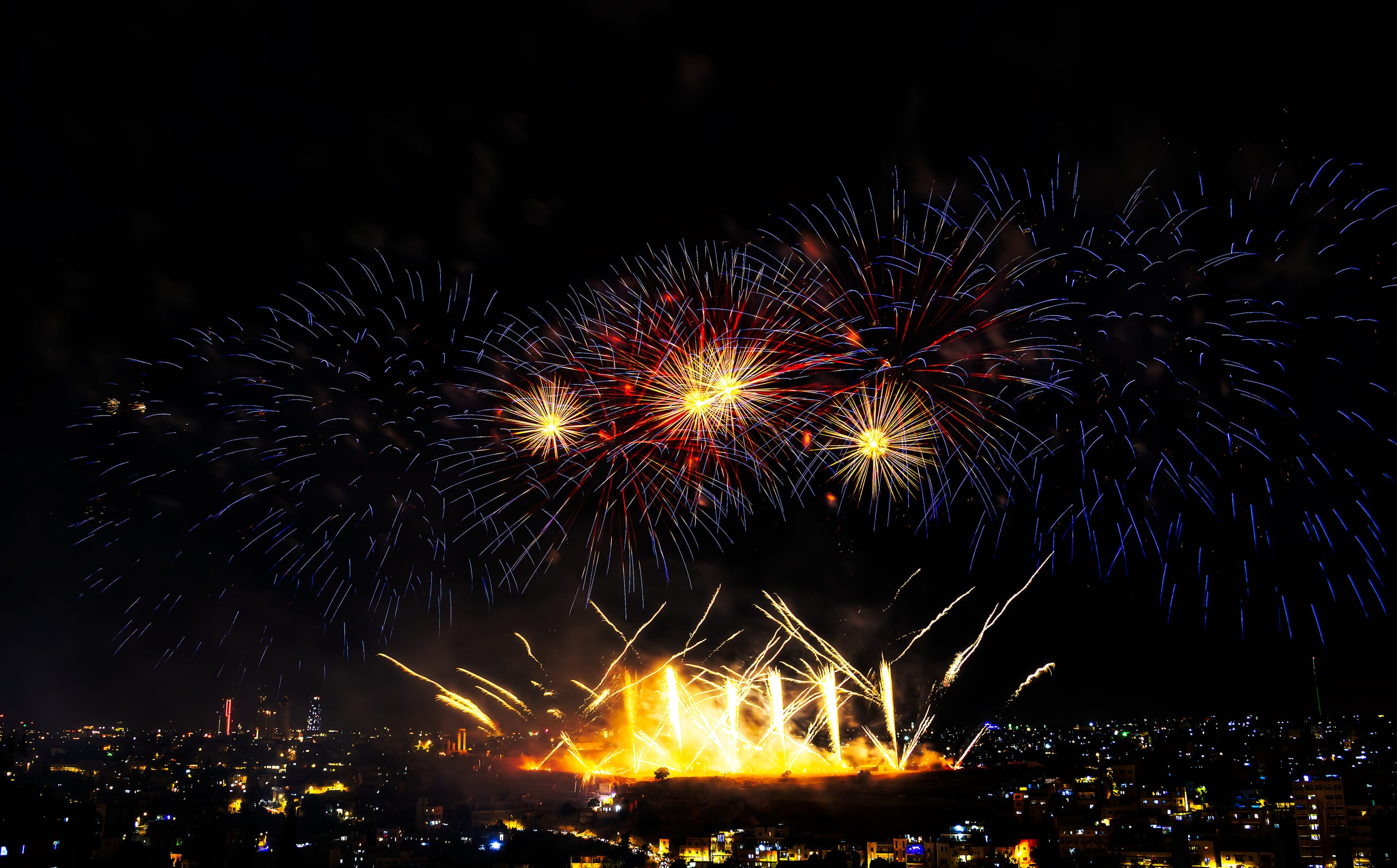 Amman 1 6 Fireworks Jabal Ajofah Crownprince Weding, a fine-art photograph by Ali Abu Ras