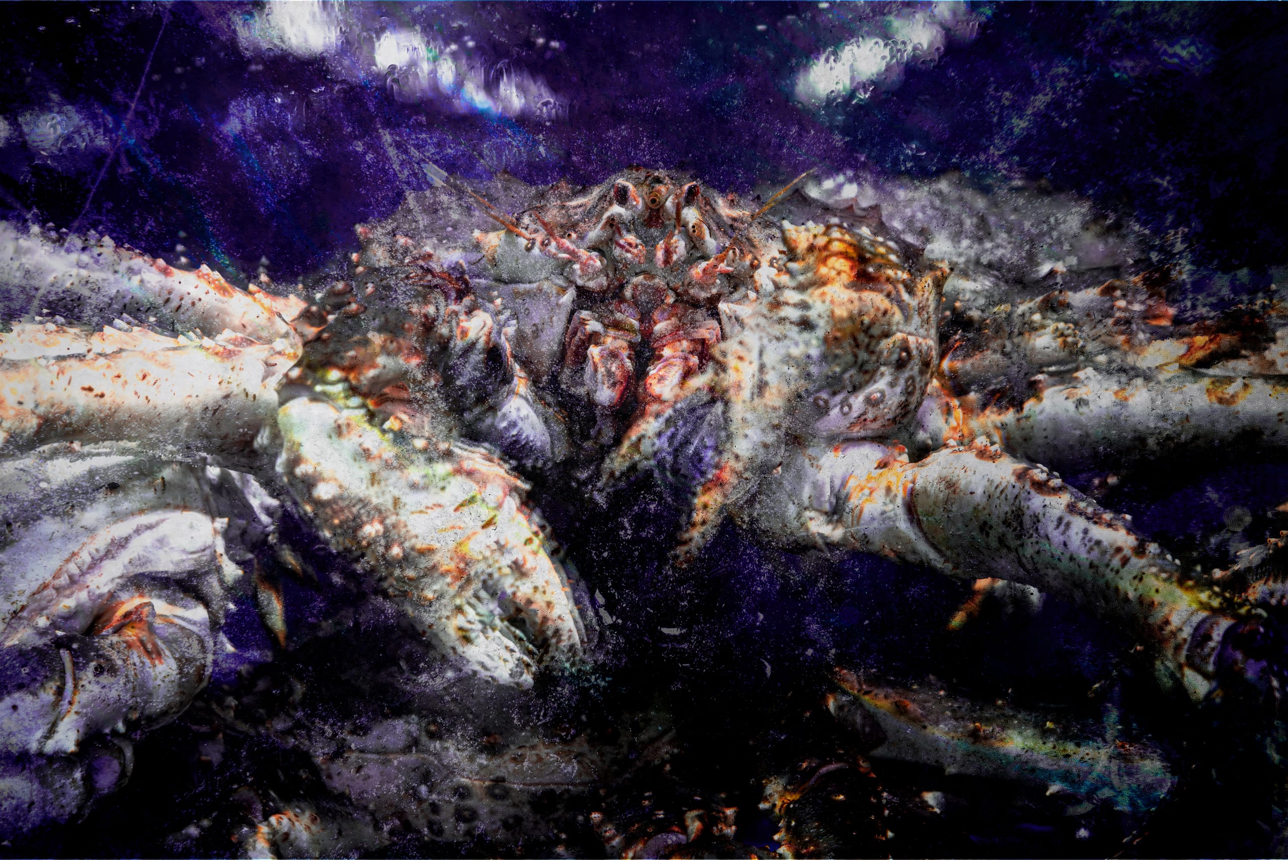 Close-up view of a large crab behind a speckled and bubbled glass surface, showing detailed textures of its shell and claws against a dark violet background.