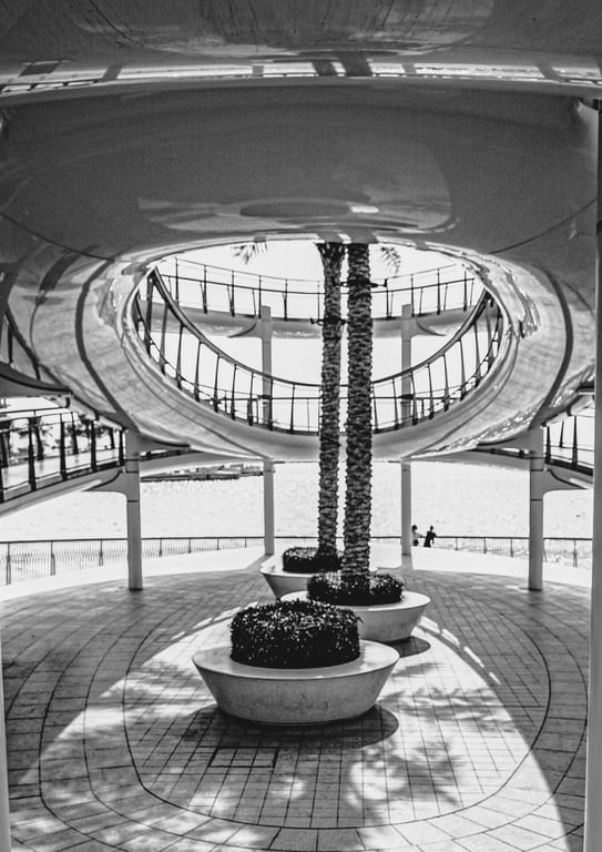 Black-and-white architectural shot looking through a large overhead circular opening in a white modern pavilion, framing palm trees, curved railings, tiled ground, and distant water.