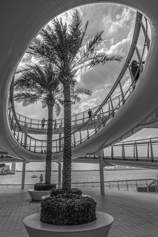 A black-and-white low-angle photograph looking up through a large oval opening in a modern white architectural structure, where two tall palm trees in circular planters intersect the frame, with people walking along curved upper railings and water visible in the background.