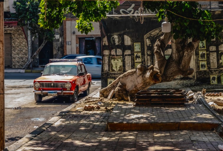 A vintage red car with a roof rack parked on an urban street next to a massive, curved tree trunk and a wall displaying portraits, viewed under dappled sunlight.