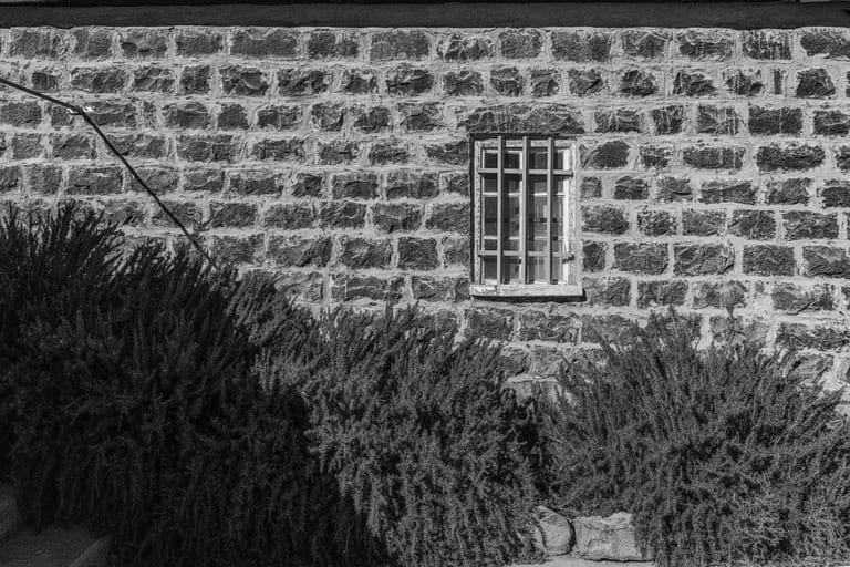 Monochrome architectural photograph of a dark stone wall with a small barred window, featuring dense, shadowed bushes along the lower foreground and a thin diagonal wire stretched across the upper left.