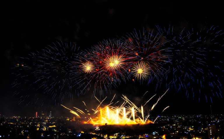 Amman 1 6 Fireworks Jabal Ajofah Crownprince Weding, a fine-art photograph by Ali Abu Ras