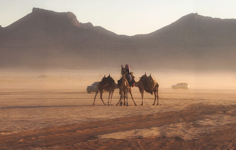 A wide shot of three saddled camels carrying a rider in a dusty, sunlit desert plain, framed by distant rugged mountains and a low hazy horizon.